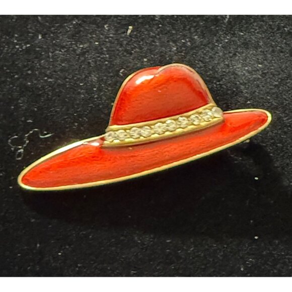 Retro Red Enamel Hat Pin Brooch With Gold-Tone Trim & Rhinestone Detail - Picture 3 of 3